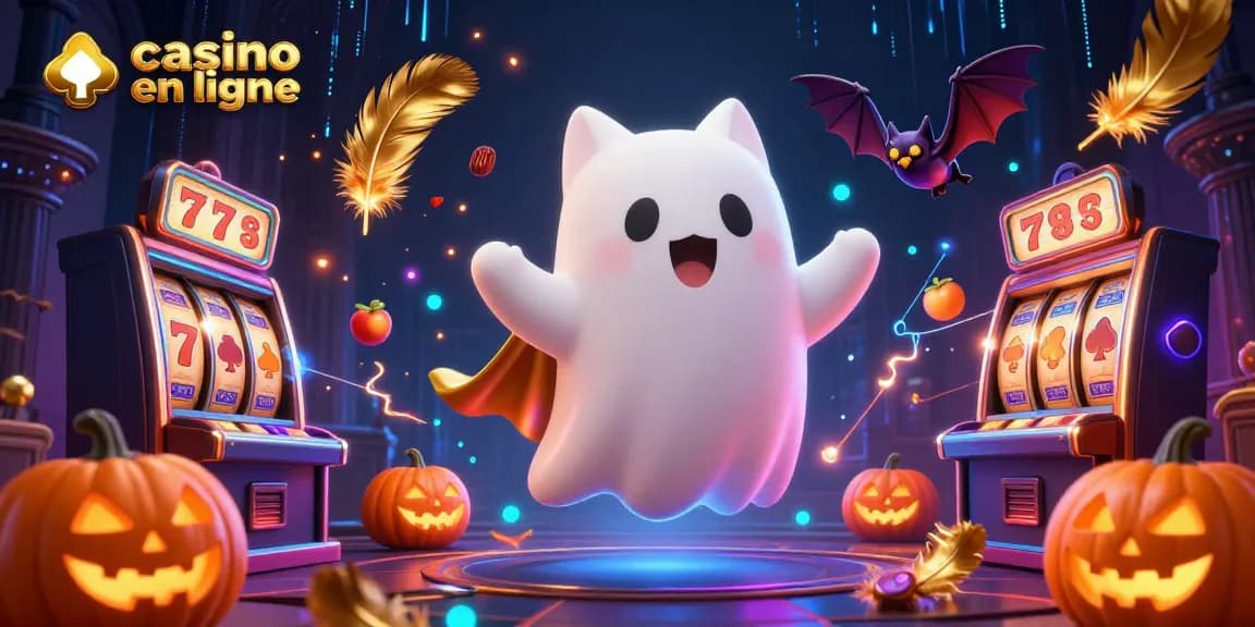 Une scène animée d'un casino en ligne avec un chat fantôme et des éléments de jeu captivants.