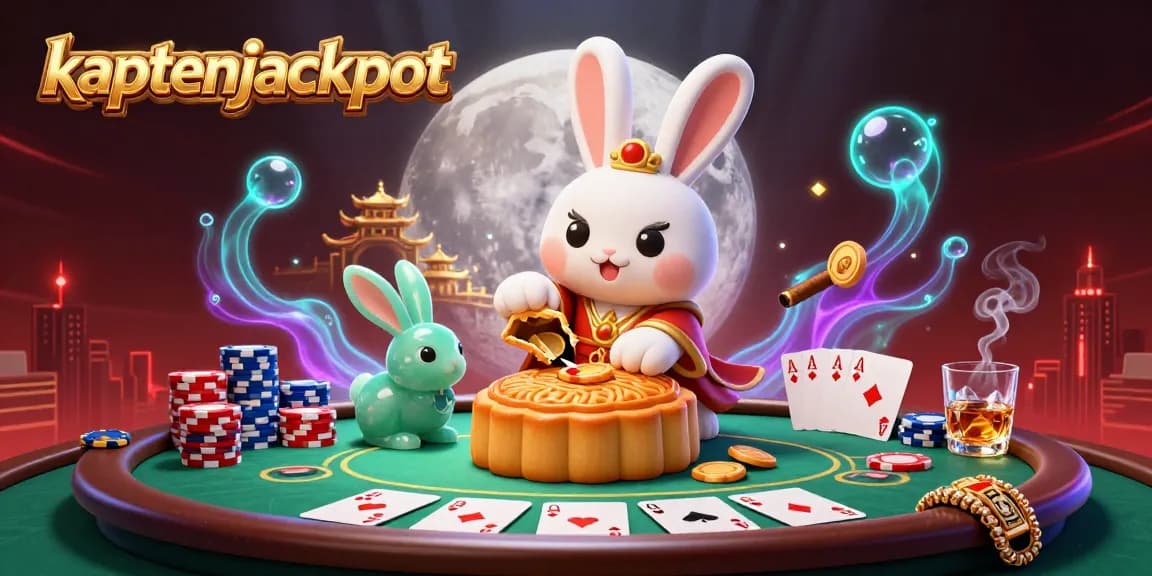 Engage with the kaptenjackpot adventure as the moon rabbit reveals poker chips and surrounded by casino elements.