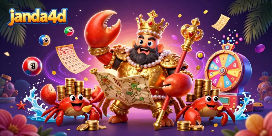 mainkan janda4d dengan ilustrasi kartun 3D kepiting emas megah dan elemen permainan yang menarik