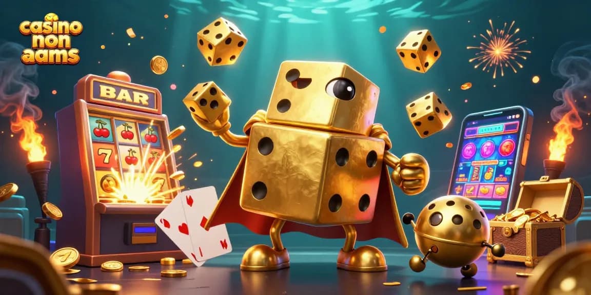 Il casinò non AAMS presenta un golem di dadi dorati che gioca con simboli fortunati nella rappresentazione vivace.