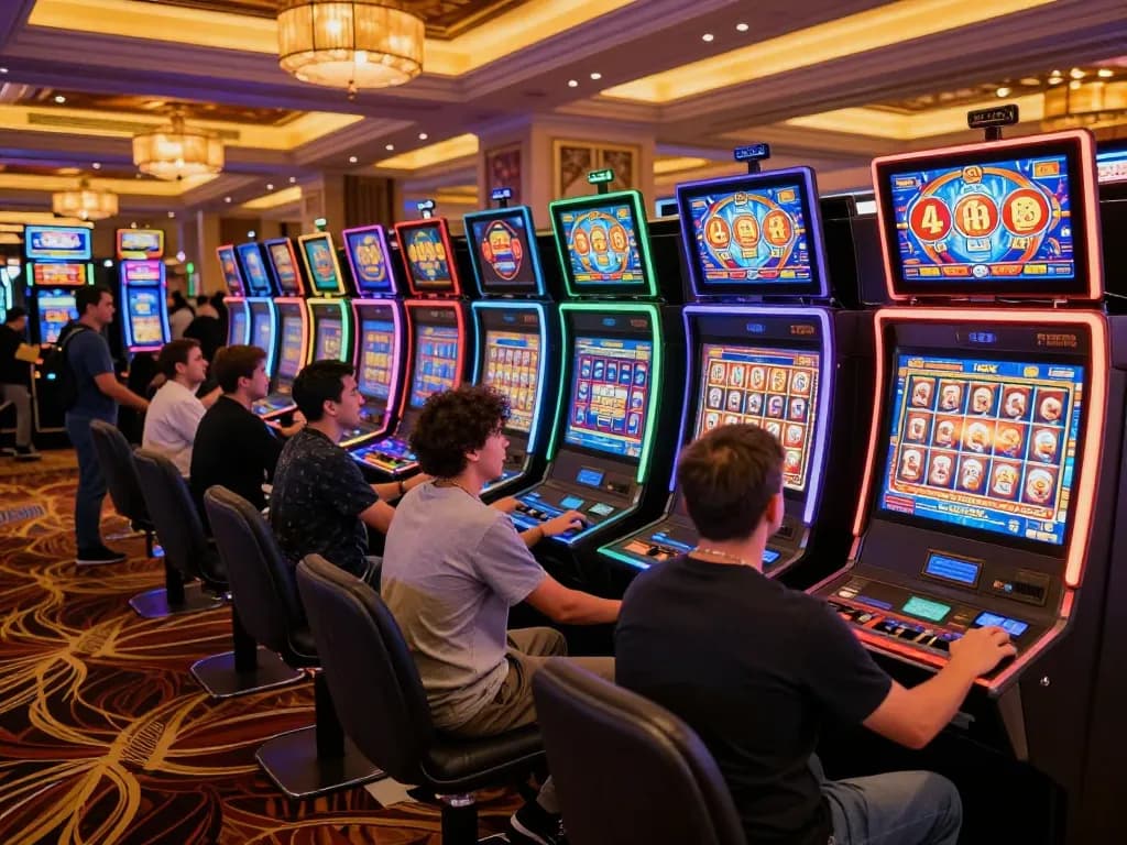 Players experiencing the thrill of slot gacor gameplay at an upscale casino, with vibrant slot machines and lively atmosphere.