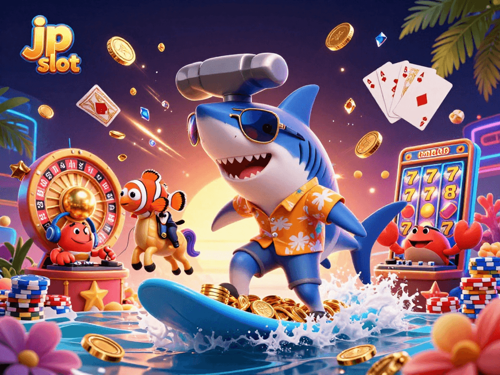 Experience jp slot thrills with vibrant characters surfing gold coins and dynamic casino elements.