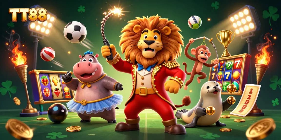 Experience thrilling wins with TT88 as a circus ringmaster lion leads the casino adventure.