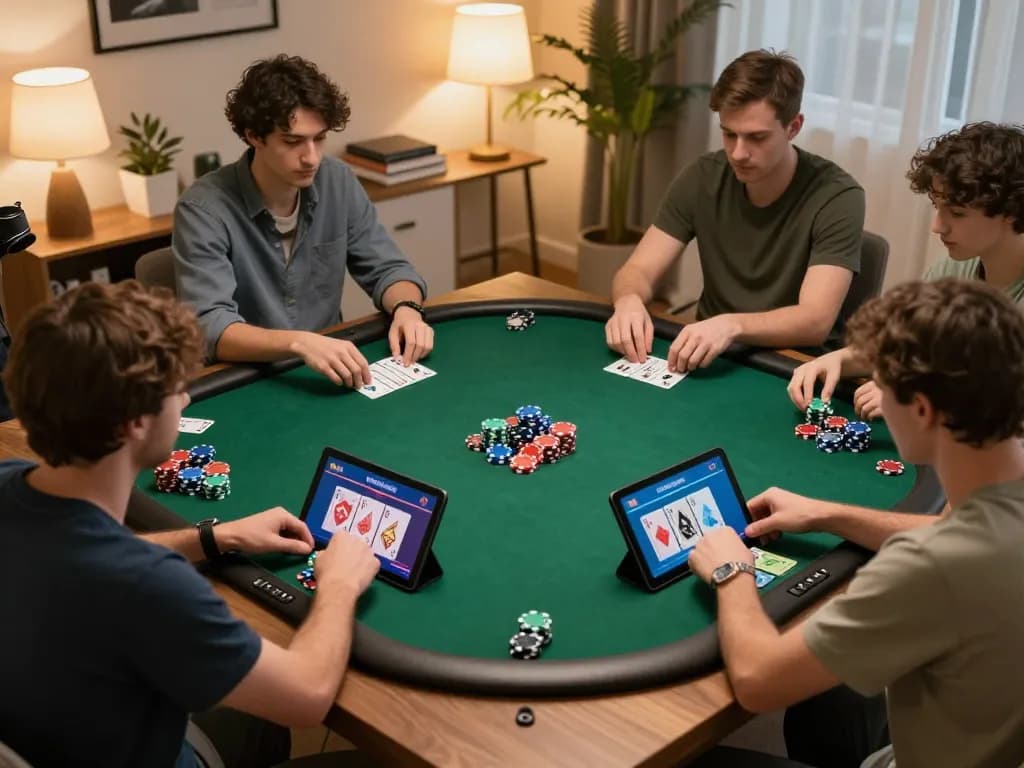 Alo8 players engaged in an online poker strategy session at home, showcasing colorful chips and cards.