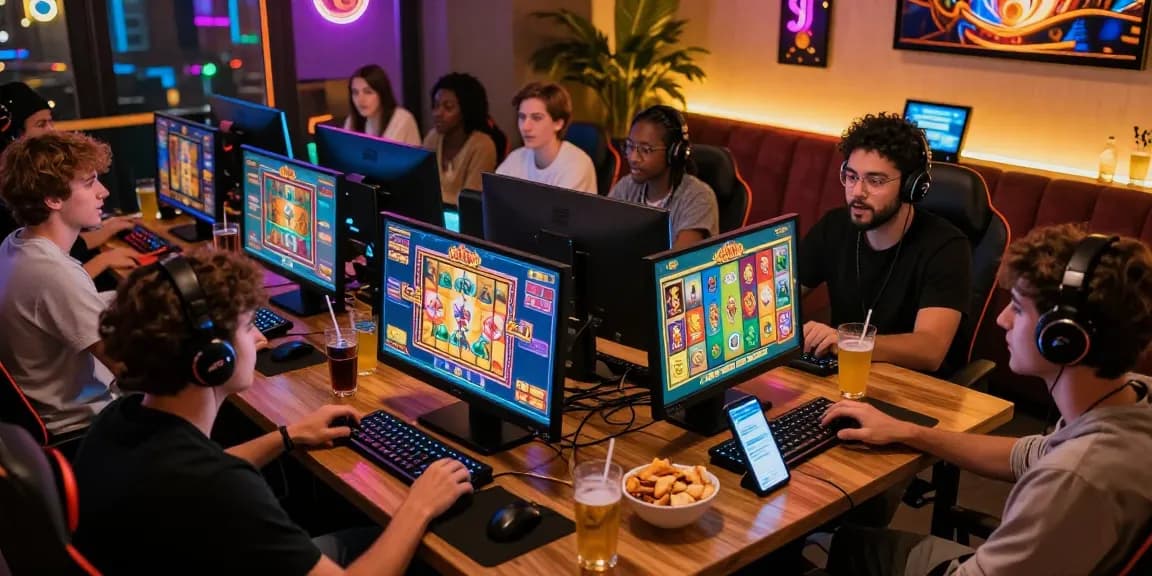 Excited players enjoying slot raja on gaming devices in a lively casino environment.