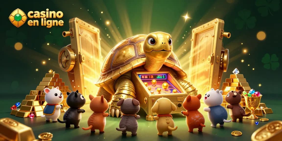 Découvrez l'univers du casino en ligne avec des personnages animés et des trésors étincelants autour d'une tortue en or.