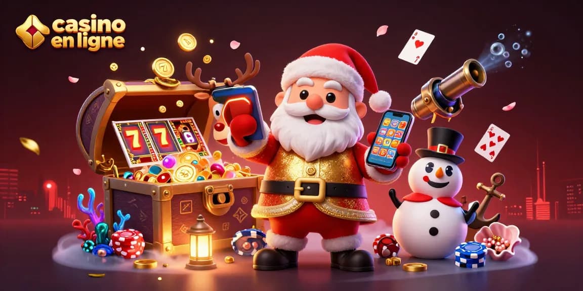 Casino en ligne : Explorez un univers ludique avec Santa, un renne et un bonhomme de neige dans une scène festive.