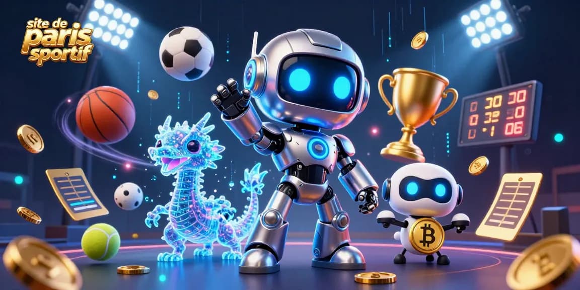 Bettez sur le site de paris sportif avec ce robot cybernétique et dragon, entourés d'éléments de sport.