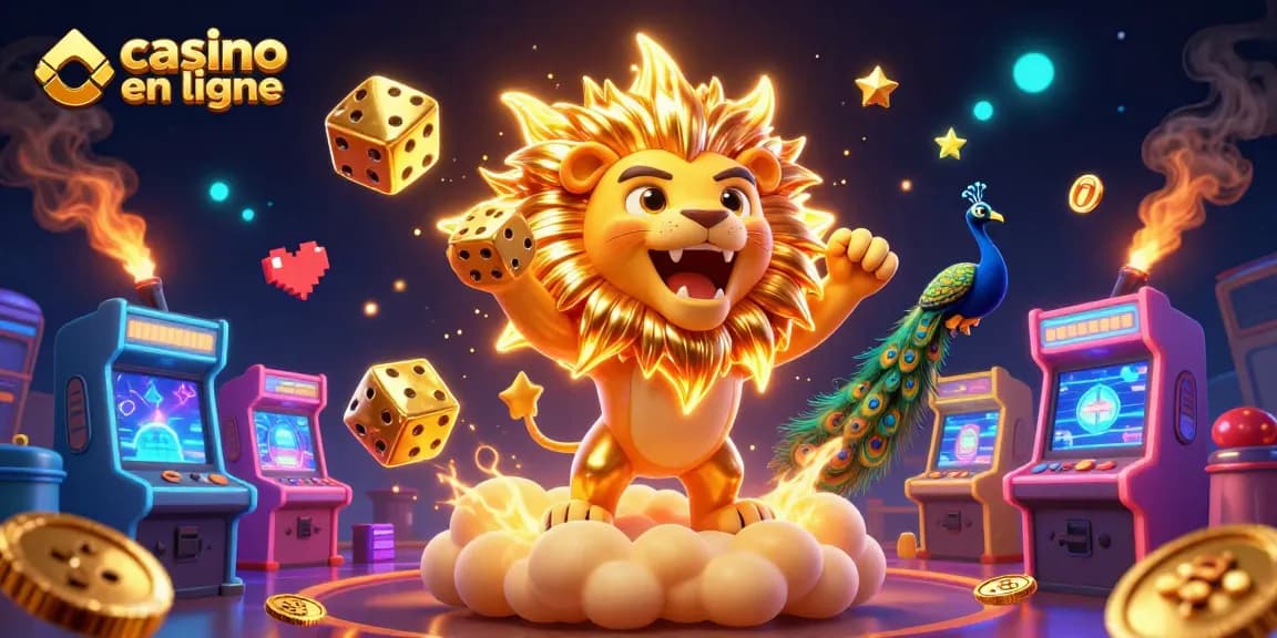 Jouez à des jeux de casino en ligne captivants avec des lions et des dés dorés dans un univers 3D vibrant.