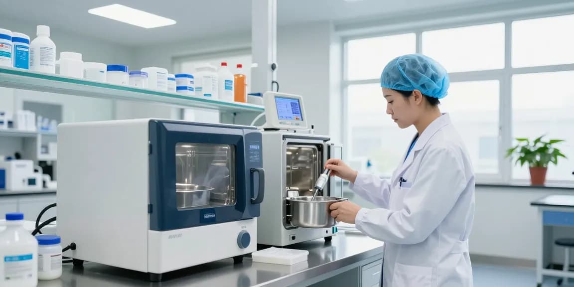 Healthcare professional operating sterilization equipment in a clean medical lab.