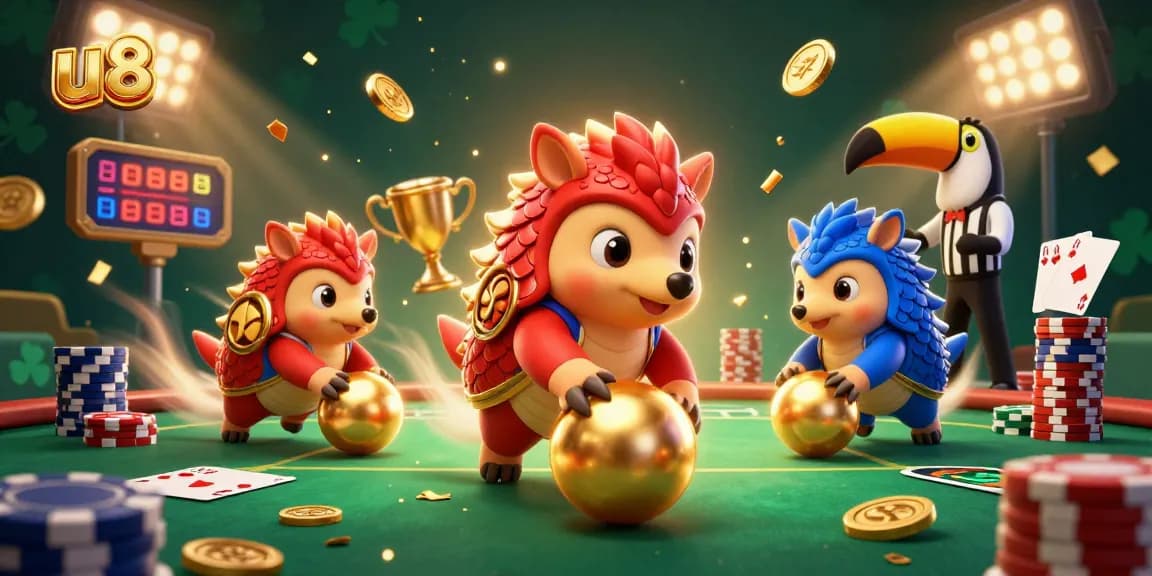 Experience winning poker action with u88 as rival pangolins compete in a vibrant casino scene.