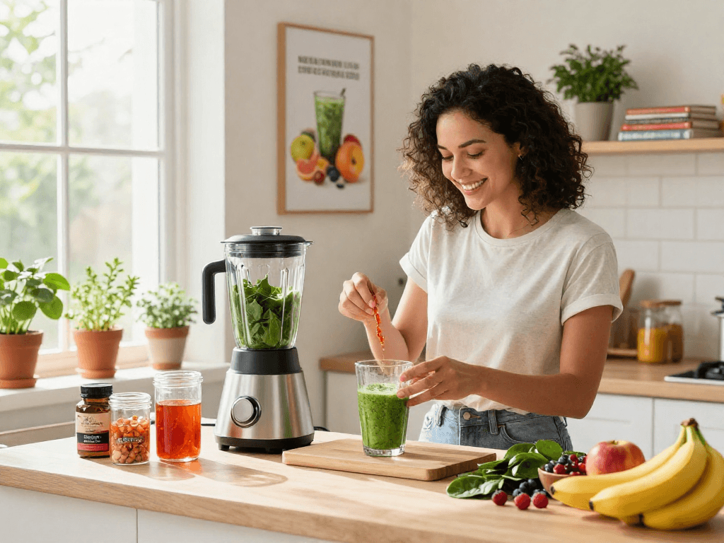 Preparing a nutrient-rich smoothie with astaxanthin supplement Canada in a bright kitchen, vibrant fruit, and greens.