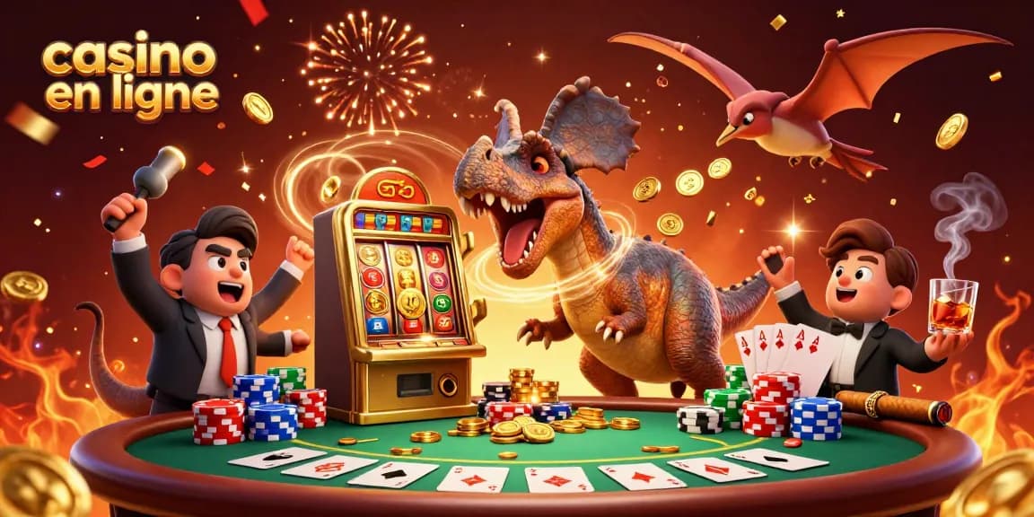 Gagnez au casino en ligne avec une illustration animée de dinosaures jouant à la machine à sous