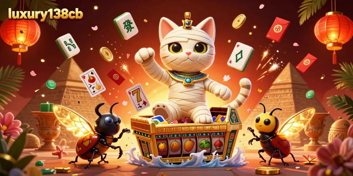 Experience thrilling slots and vibrant winnings at luxury138cb with an Egyptian mummy cat and golden treasures.