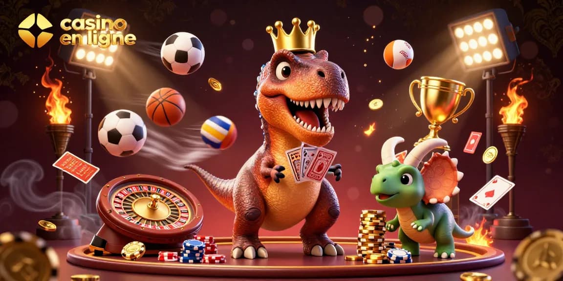 Les dinosaures jouent au casino en ligne avec des cartes, des jetons et des trophées d'or, créant une ambiance ludique.