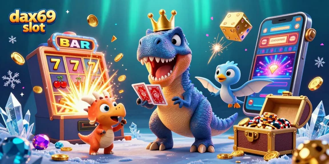 Bermain di dax69 slot dengan jackpot besar, mesin slot penuh koin dan cahaya, serta karakter lucu dari dunia prasejarah.