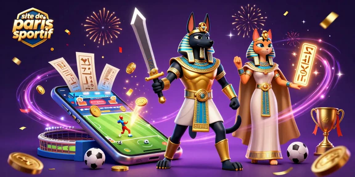 Pariez sur le site de paris sportif avec Anubis et Bastet, entourés de billets de pari et de trophées.