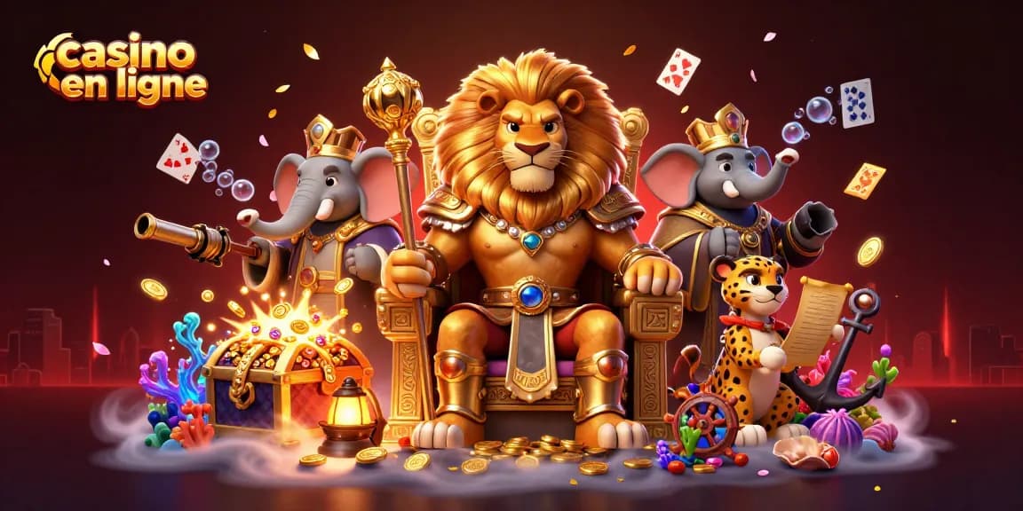 Illustration dynamique de casino en ligne avec un roi lion et des éléments de jeu captivants