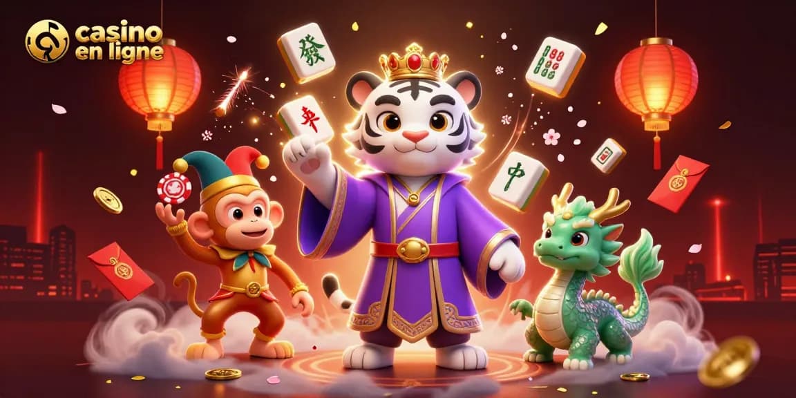 Visualisez le tigre élégant et le singe doré dans un cadre de casino en ligne vibrant.