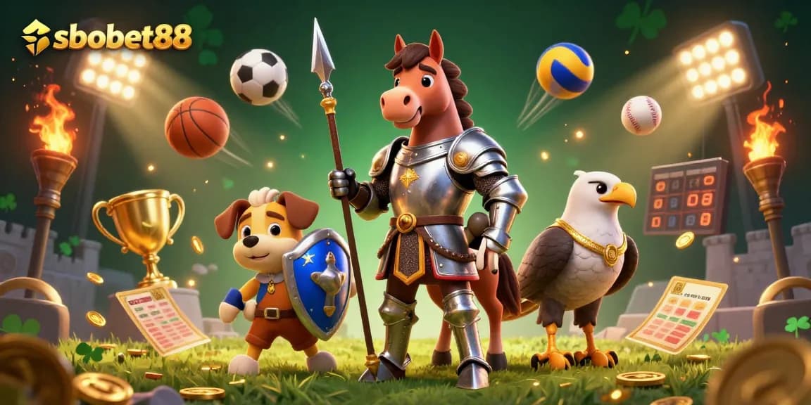 Engage in sbobet88 sports betting with a knight, squire, and falcon illustration in a vibrant casino scene.