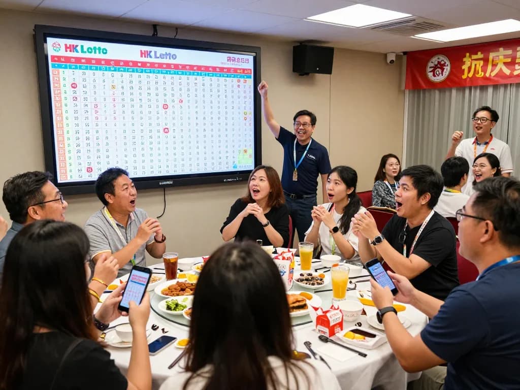 Excited participants checking their HK Lotto tickets during a live lottery draw event in a festive atmosphere.
