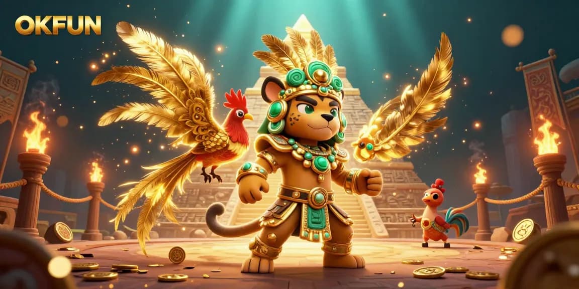 Experience thrilling OKFUN gameplay with a dynamic illustration featuring judi elements and Mayan characters.