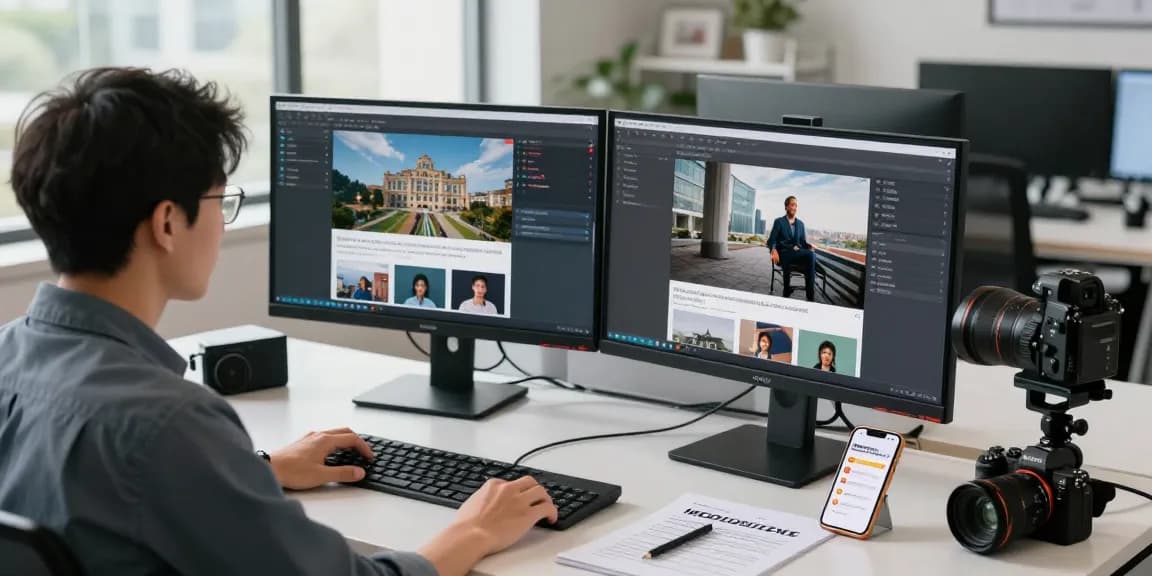 Content moderator using advanced tools to detect AI image content in a modern workspace environment.