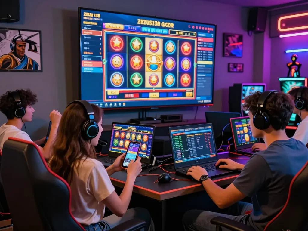Engaging online gaming scene with players celebrating a win on Zeus138 slot gacor platform, showcasing vibrant graphics and interactive screens.