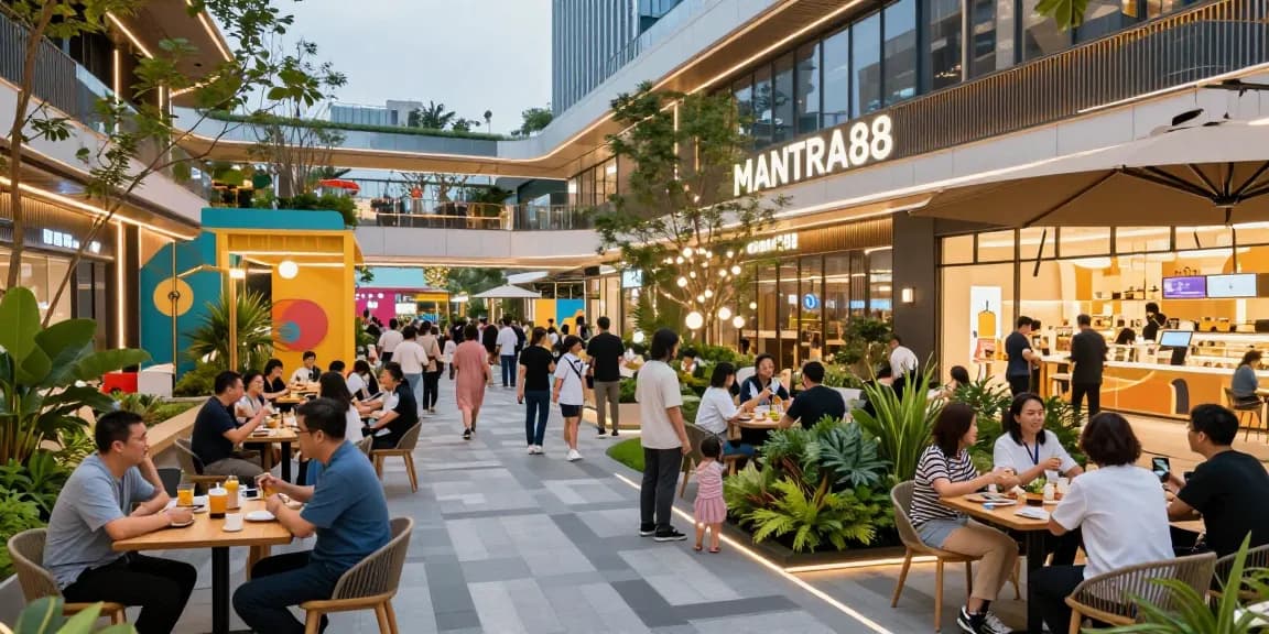 MANTRA88 scene featuring diverse groups enjoying entertainment and dining in a vibrant commercial hub.