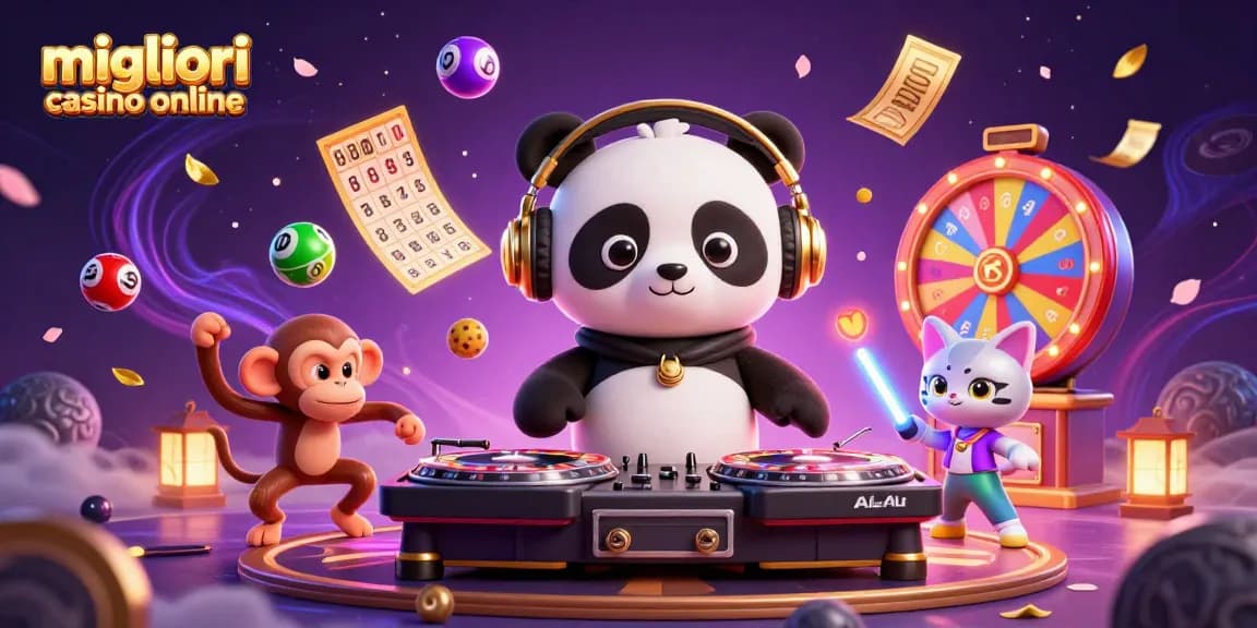 Scopri i migliori casino online con il panda DJ e i colori vivaci in un'illustrazione dinamica.