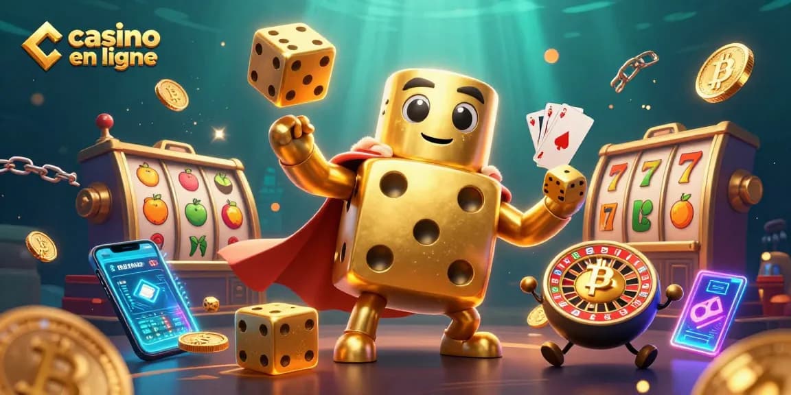 Les personnages du casino en ligne jouent avec des dés dorés et des rouleaux de jeu, ajoutant du dynamisme à l'illustration.