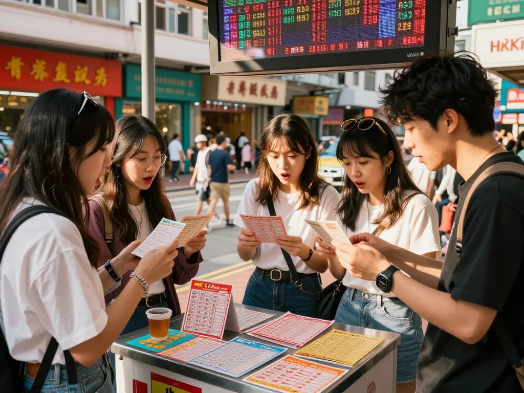 Friends excitedly checking HK Lotto tickets at a vibrant street kiosk during a sunny afternoon.