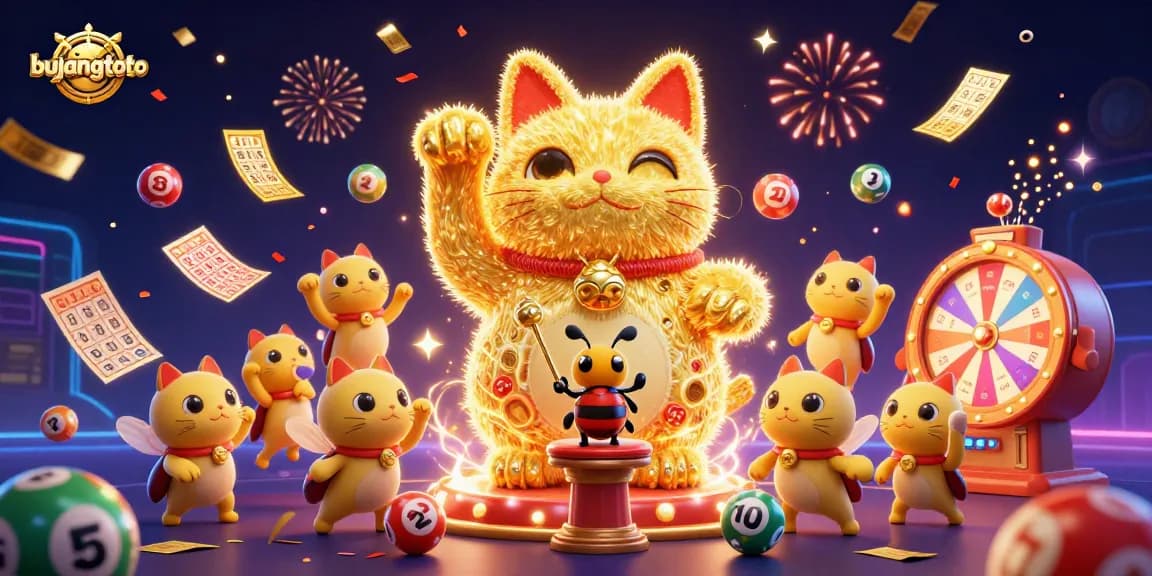 Bermain di bujangtoto dengan mesin lotere dikelilingi bola warna-warni dan kucing keberuntungan yang menyenangkan.
