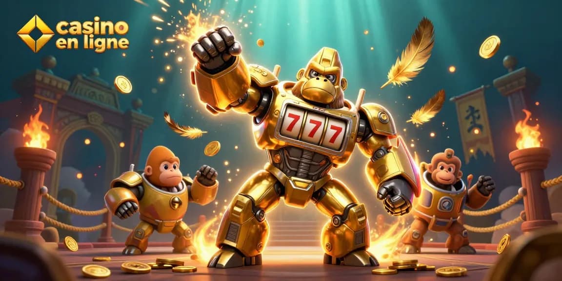 Jouer au casino en ligne avec un gorille mech spectaculaire en pleine action.