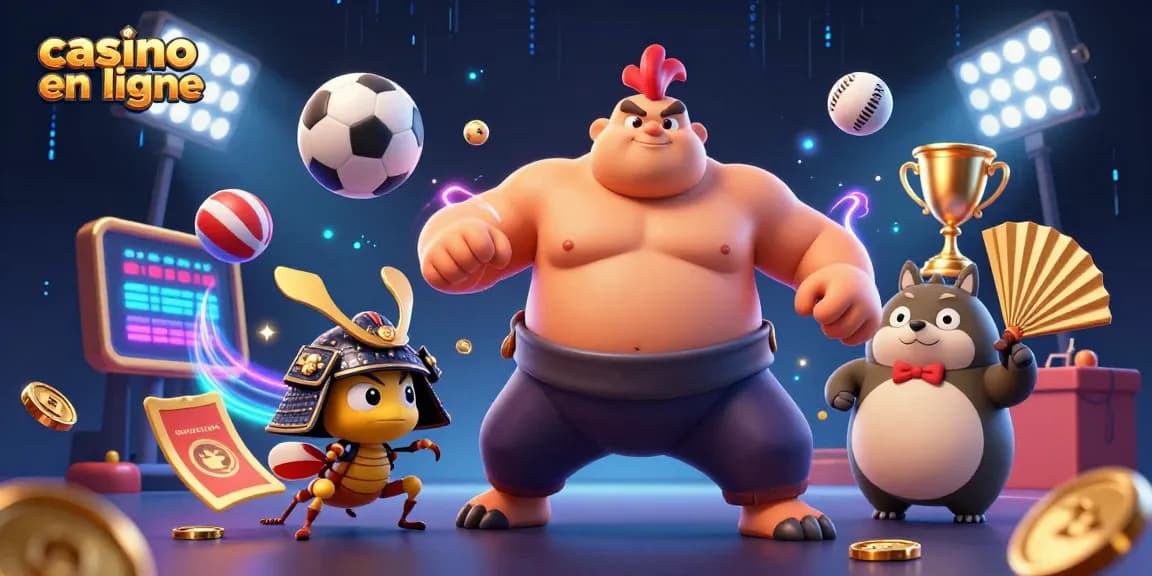 Illustration dynamique d'un casino en ligne avec un sumo puissant et un criquet combattant.