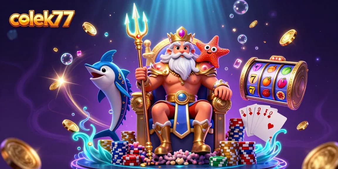 Spin and win big with colek77 as cartoon Neptune and friends celebrate in a vibrant casino world.