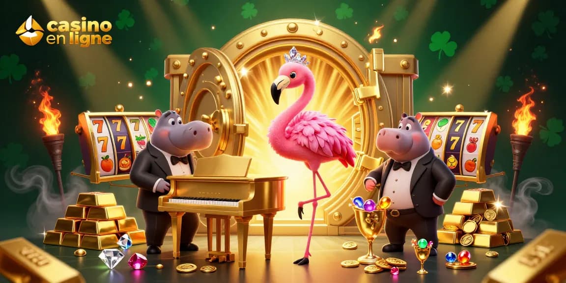 Plongez dans le monde du casino en ligne avec cette illustration dynamique pleine de flamboyants personnages et symboles de jeux.