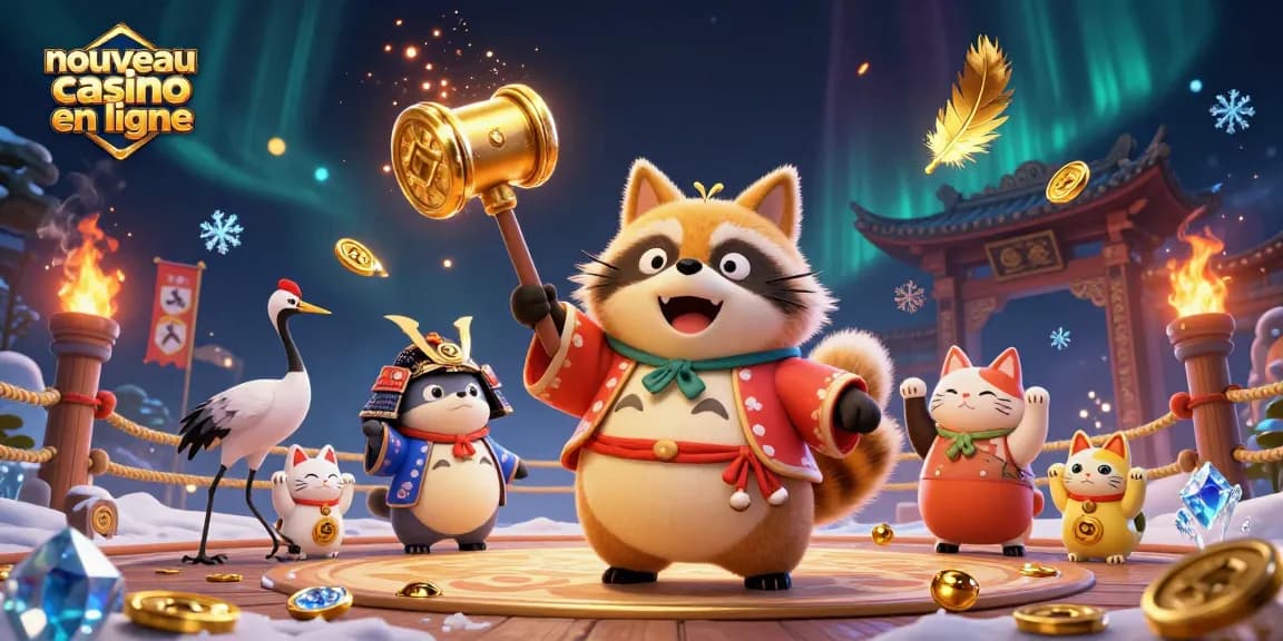 Visualisez un nouveau casino en ligne avec un tanuki porte-bonheur et chat maneki-neko dans une scène festive.