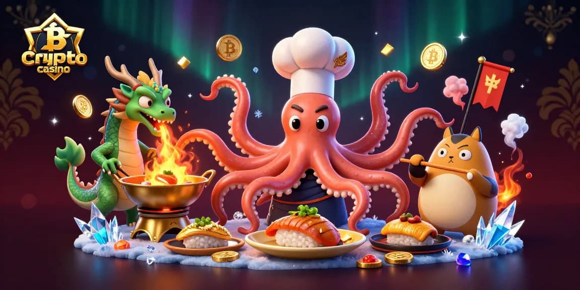 Profitez d'un crypto casino dynamique avec un chef sushi pieuvre et dragon dans un décor enchanteur.
