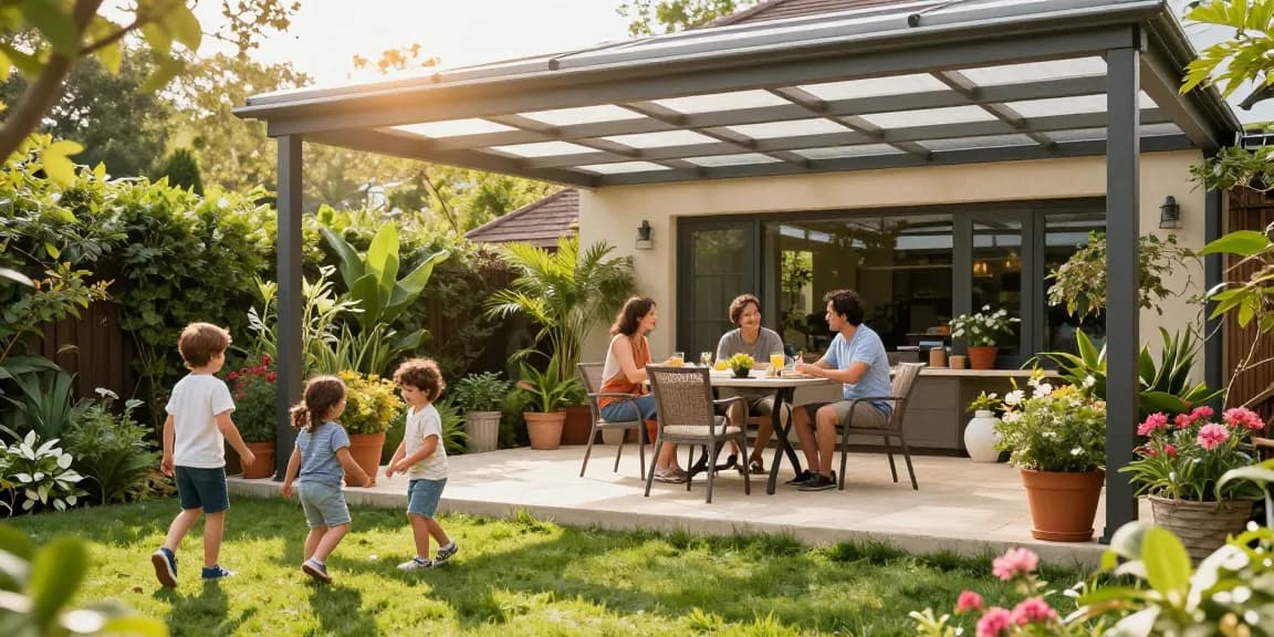 Familie unter einer freistehenden Terrassenüberdachung im Garten genießt die Sonne.