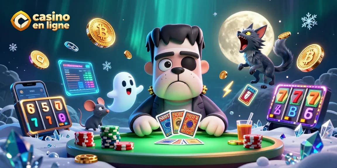 Jouez au casino en ligne avec un chien-monstre Frankenstein, des jetons flottants et un chat loup sous la lune dorée.