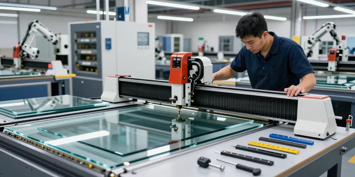 Technician using a glass cutting table in a professional glass processing workshop.