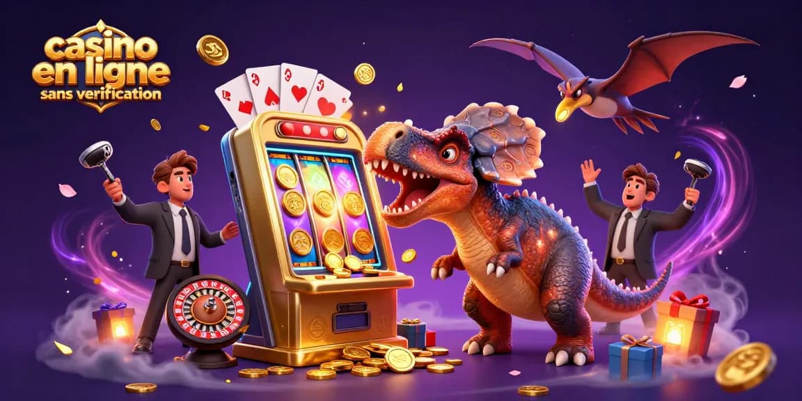 Une illustration de casino en ligne sans vérification avec un dinosaure jouant à une machine à sous et capturant des pièces dorées.