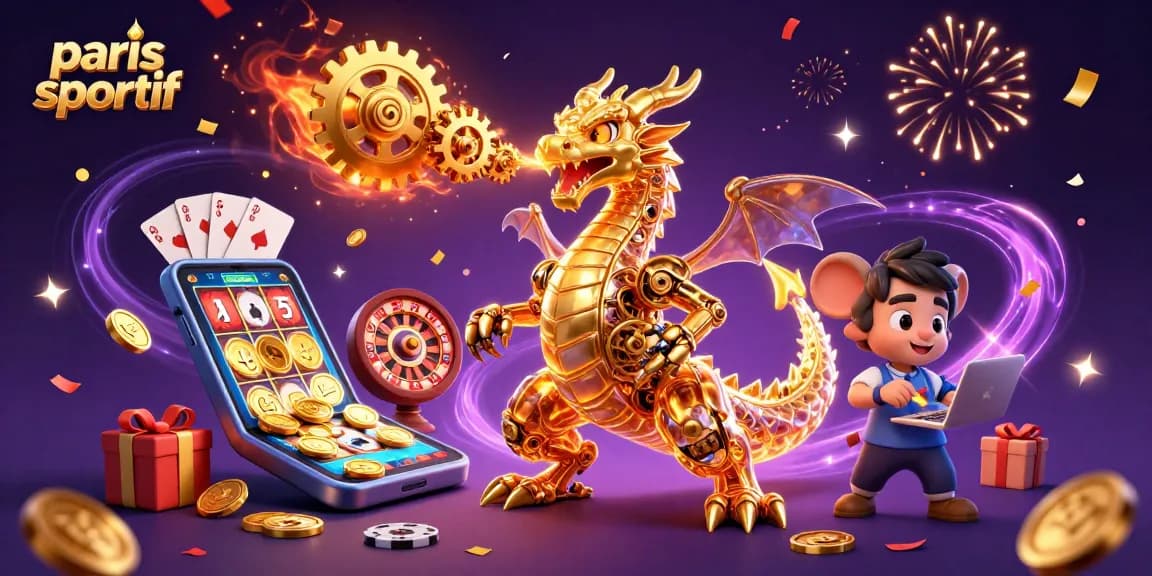 Les paris sportifs se mêlent à une illustration d'un dragon doré mécanique et des jeux de casino.