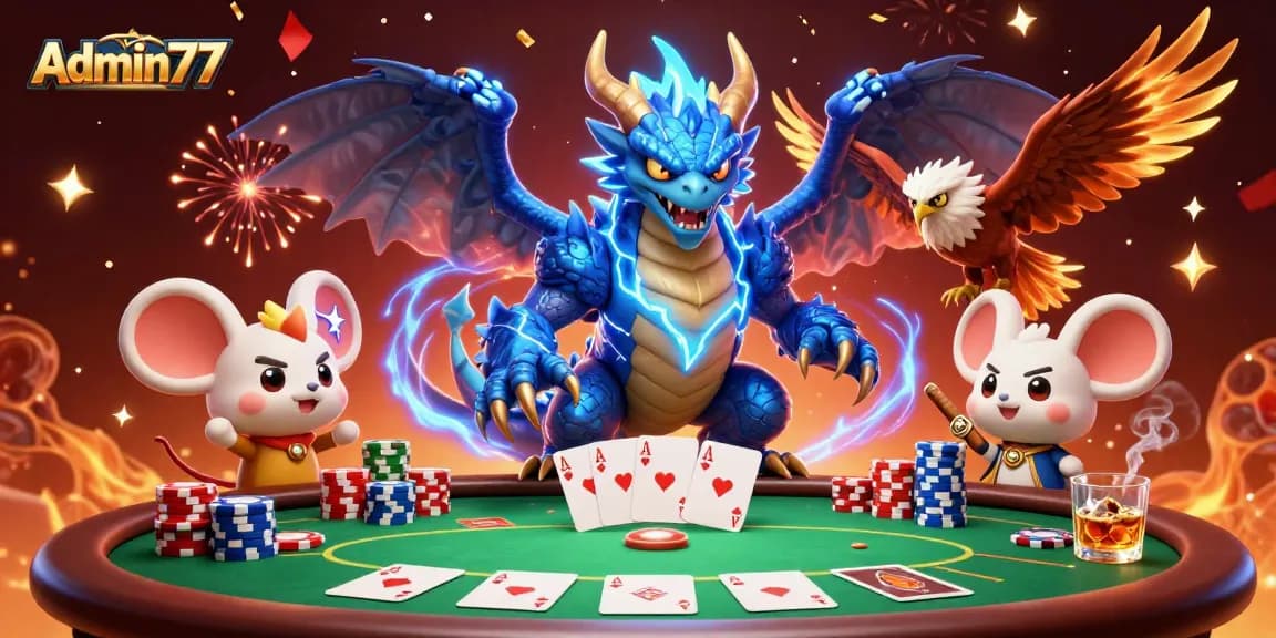 Win big with Admin77 at the vibrant poker table with a thunder dragon and dynamic characters.