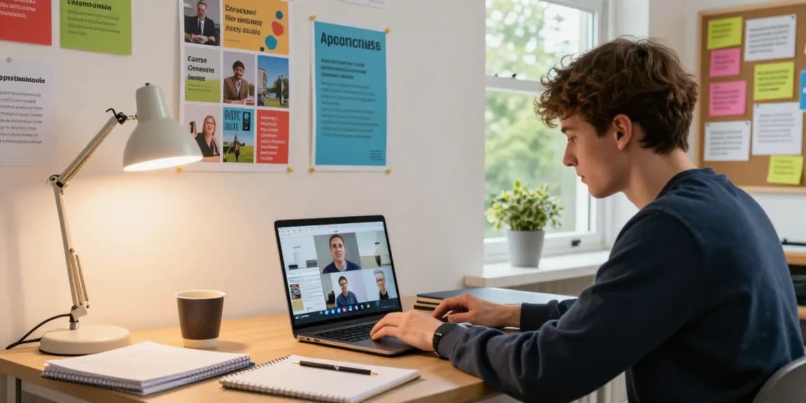 Young adult engaging in apprenticeships UK live webinar with career resources.