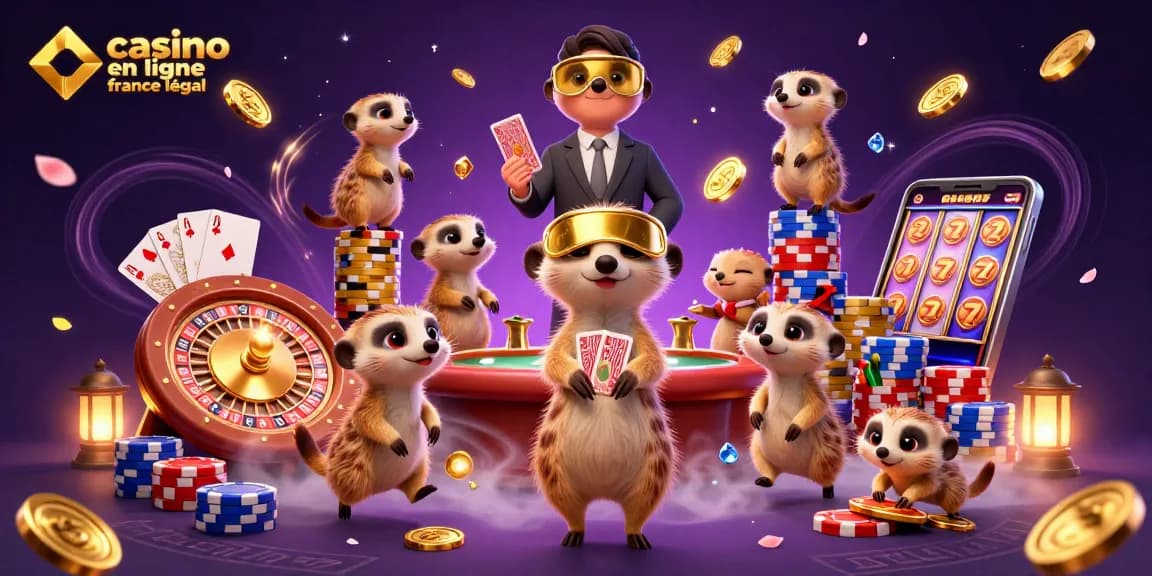 Jouer au casino en ligne France légal avec une illustration de suricates gérant une opération de casino.