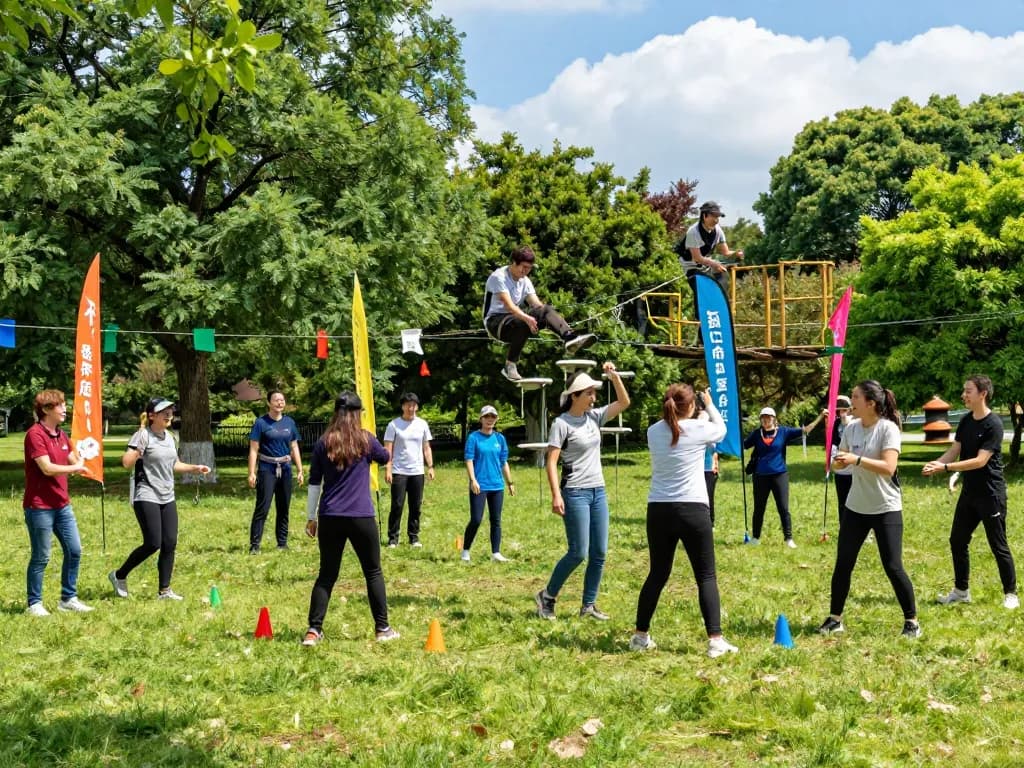 Acara Team Building jogja di taman luar ruangan yang cerah dengan kelompok yang terlibat dalam aktivitas menyenangkan.