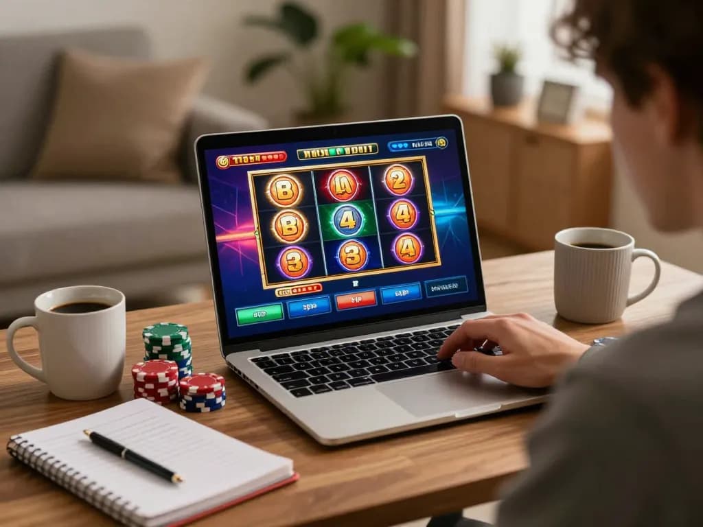Engaging in rokok88 slot login on a laptop during a cozy home gaming session.