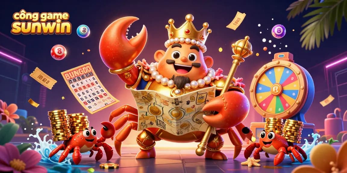 Engage with cổng game sunwin featuring a vibrant 3D illustration of a golden crab emperor amidst dynamic lottery elements.